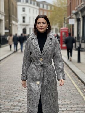 LK Bennett Metallic Tweed Belted Coat Gold Buttons US 2
